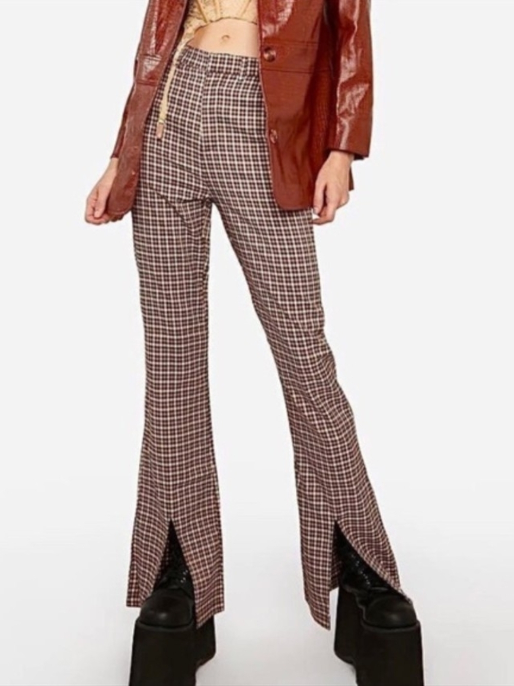 Daisy Brown Plaid Split-Hem Flare Pants